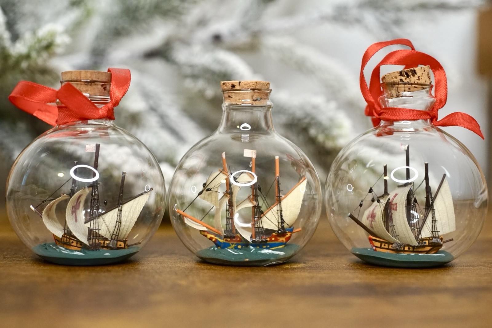 3 Vintage Cup Racer Ornaments Glass Authentic Models Sailing Ship Nautical 2.5”