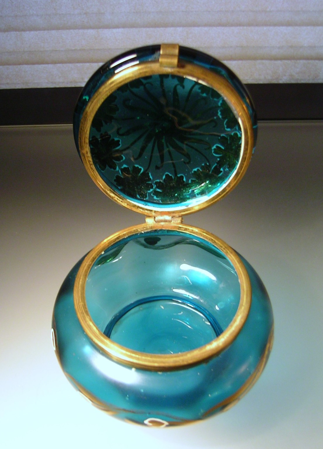 Antique Moser Style Peacock Blue & Gold Glass Dresser Box Hand Enameled