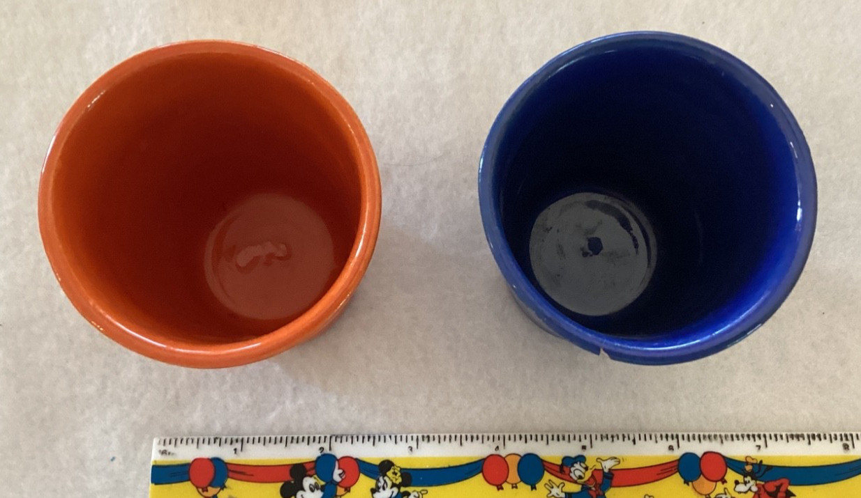 Vintage Bauer pottery ring ware two 3.5″ tumblers orange mint cobalt as is
