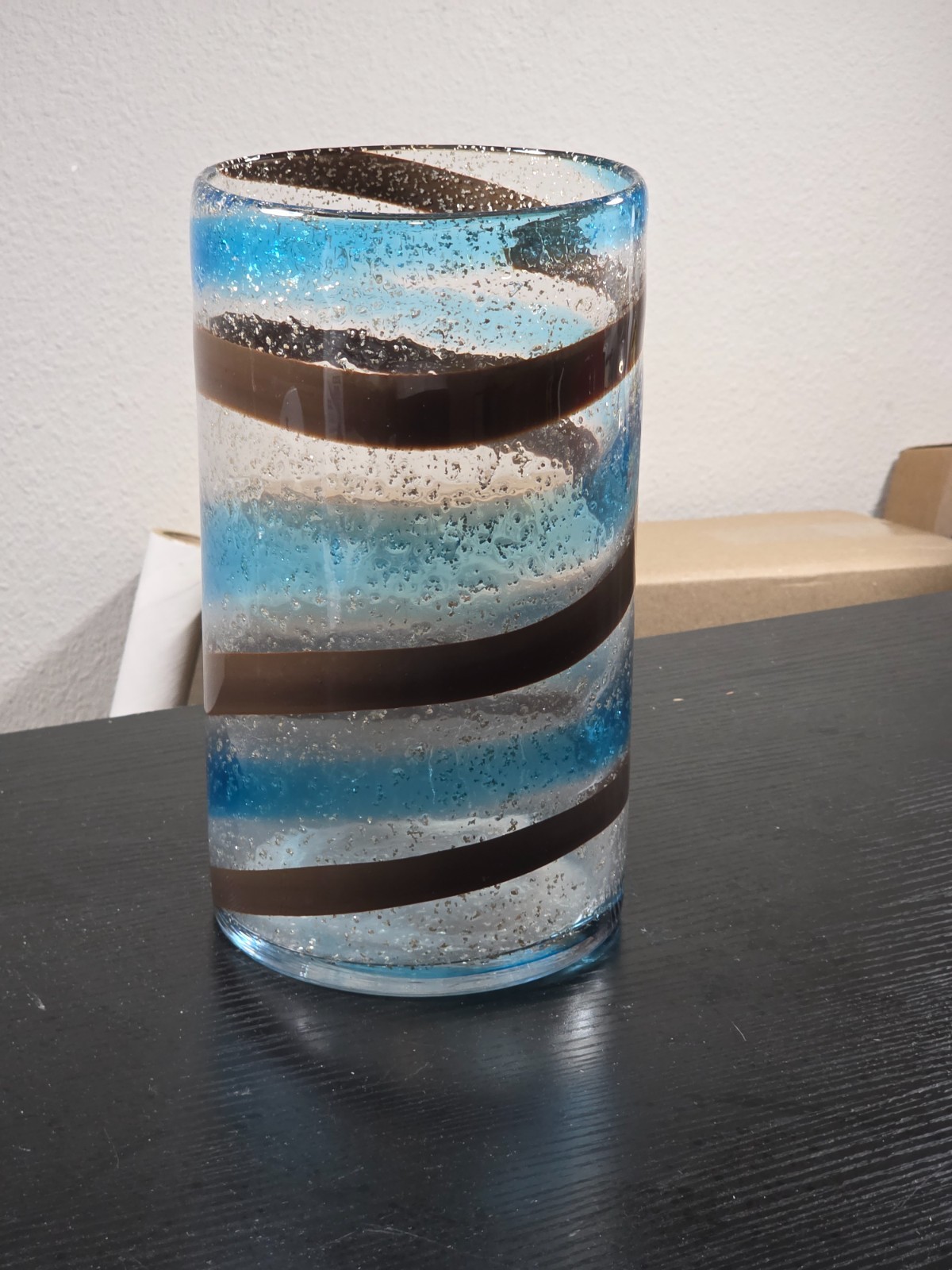 Art Glass Vase | 10″ Heavy Hand Blown Blue and Black Swirl Vintage Decor 4 lbs.