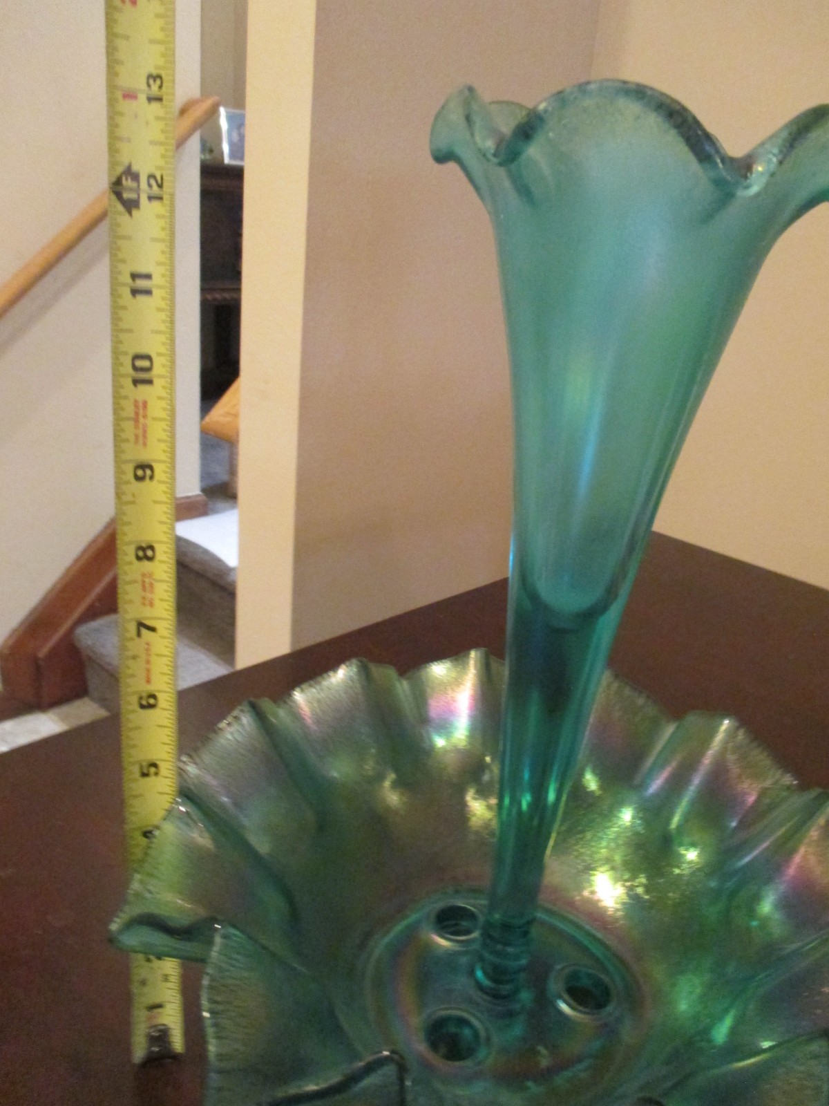 FENTON LG Wright Opalescent Blue Teal Aqua Glass 4 Horn Epergne 1994 13” SIGNED