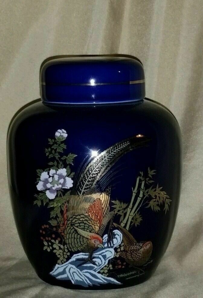 GINGER JAR URN Cobalt Blue Pheasant Bird Painted w/Gold Trim Accent