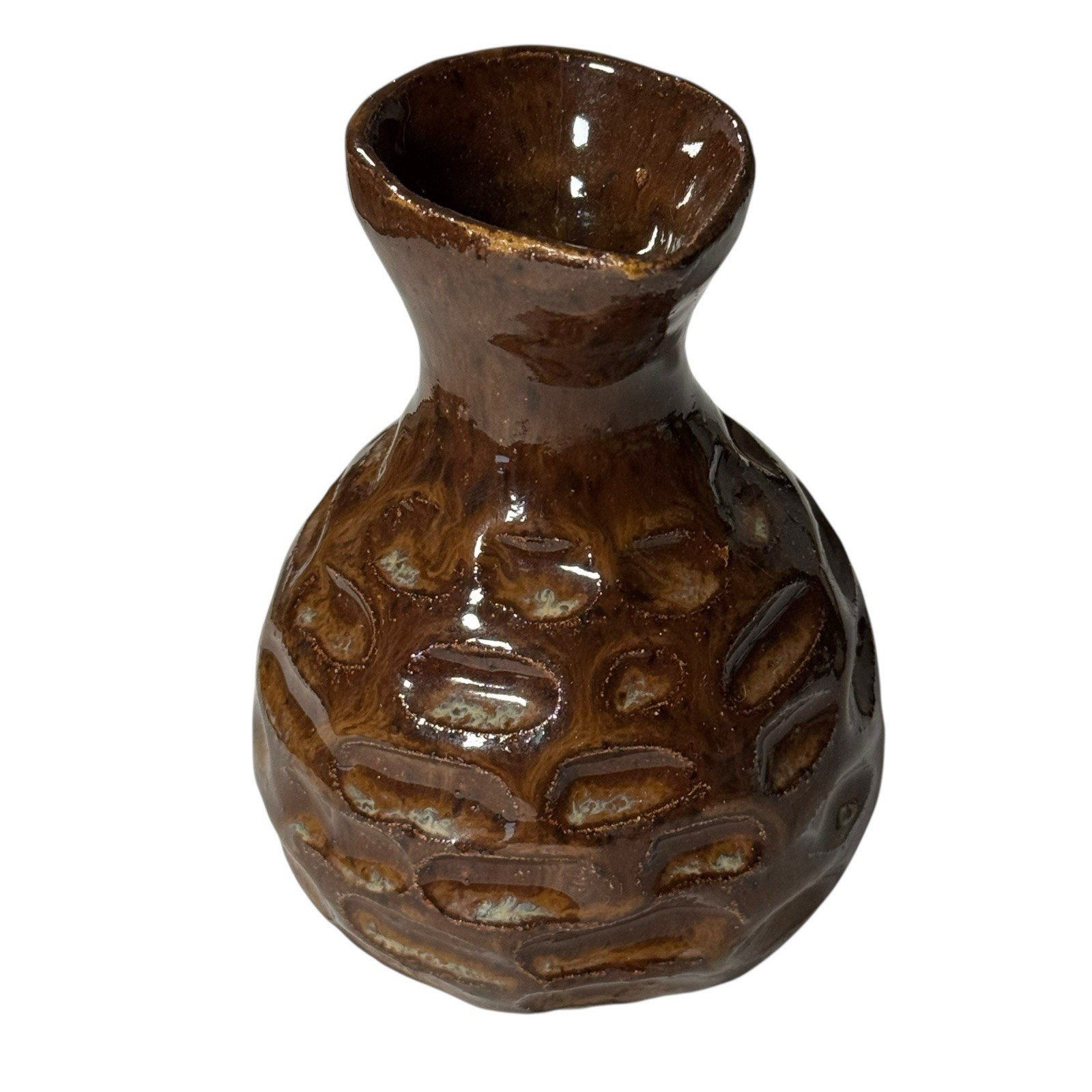 Handmade Vase 4” Pine Cone Design Brown Glaze CM Mark Studio Pottery