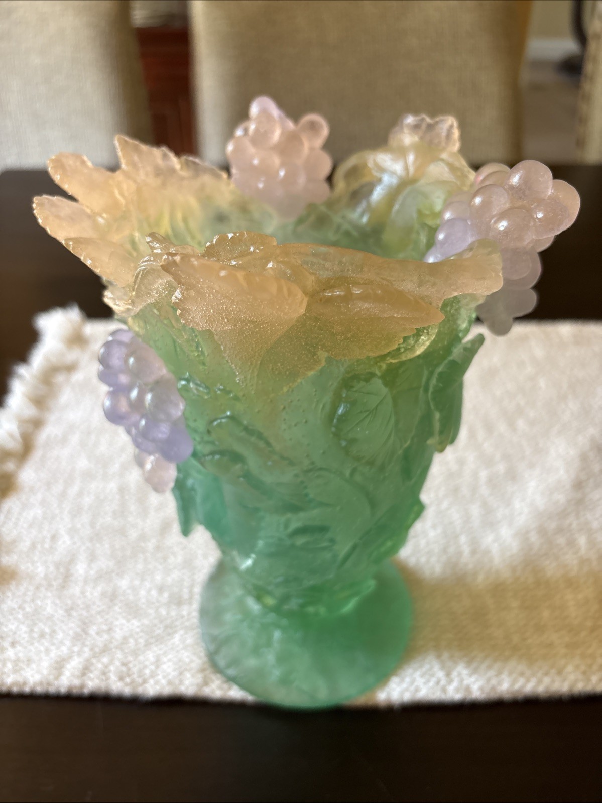 Daum Pate de Verre Crystal Grapevine and Grapes Footed Vase-9”-MINT condition