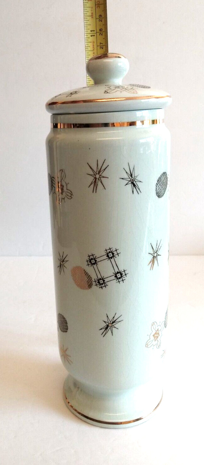 Vintage Light Mint Green Atomic Starburst Ceramic Apothecary Jar Canister Lidded