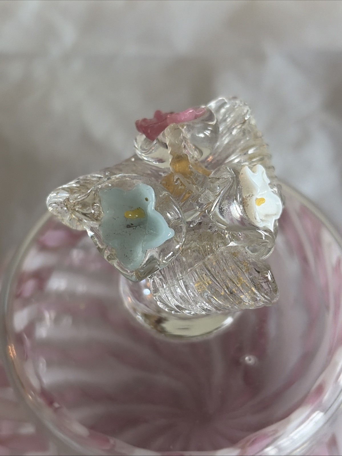 VENETIAN MURANO LATTICINO POT & COVER FINIAL FORMED AS PINK FLOWERS & GOLD