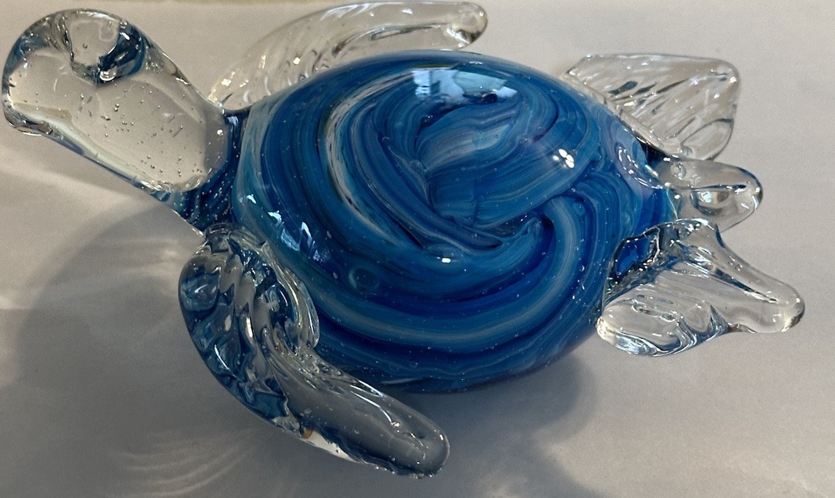 Glass Sea Turtle Blue White, Stripe Hint Of Green