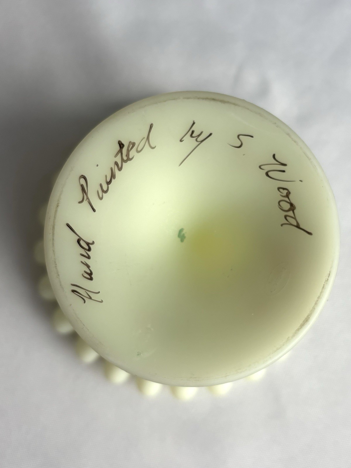 Signed URANIUM Fenton Satin Custard Glass Compote Ruffled Edge & Pink Flowers