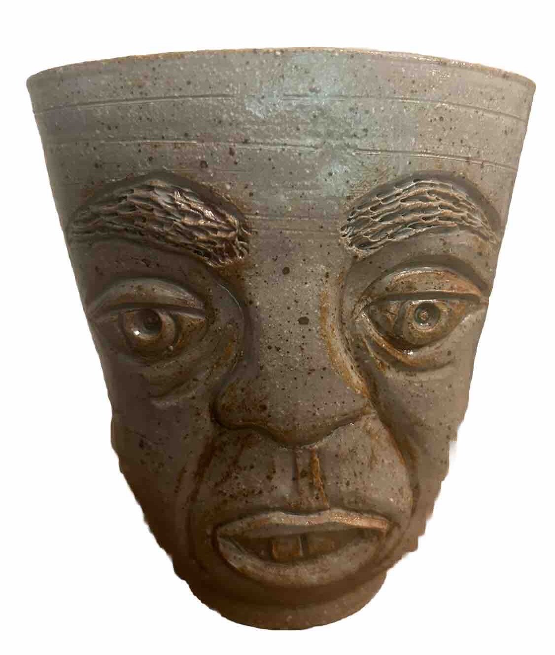 Original Gray Face Pottery Vase Terracotta Signed MM 5 3/8”T 4.75”L