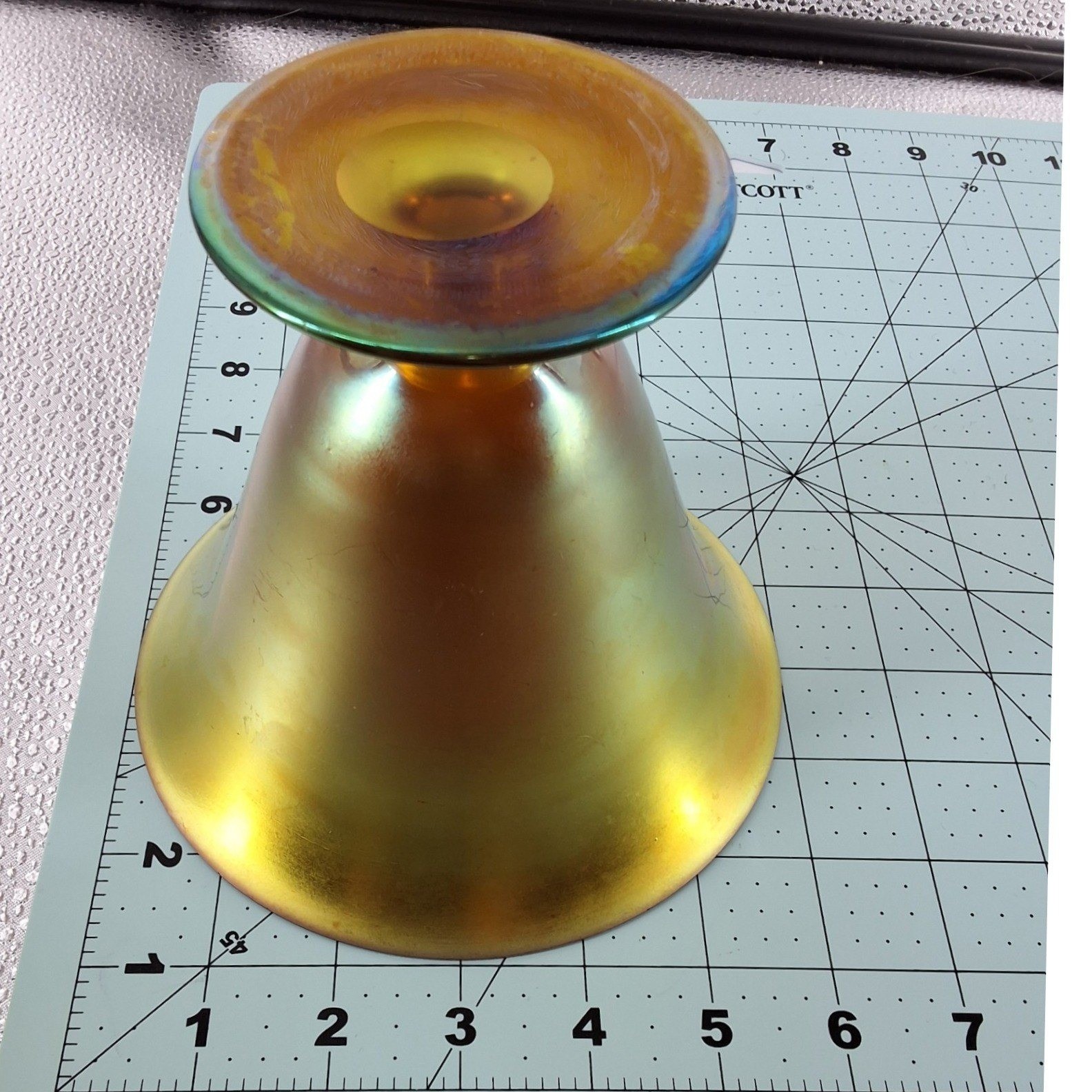 Steuben Aurene Gold Blue Iridescent Art Glass Compote Pedestal Bowl Vintage 5″