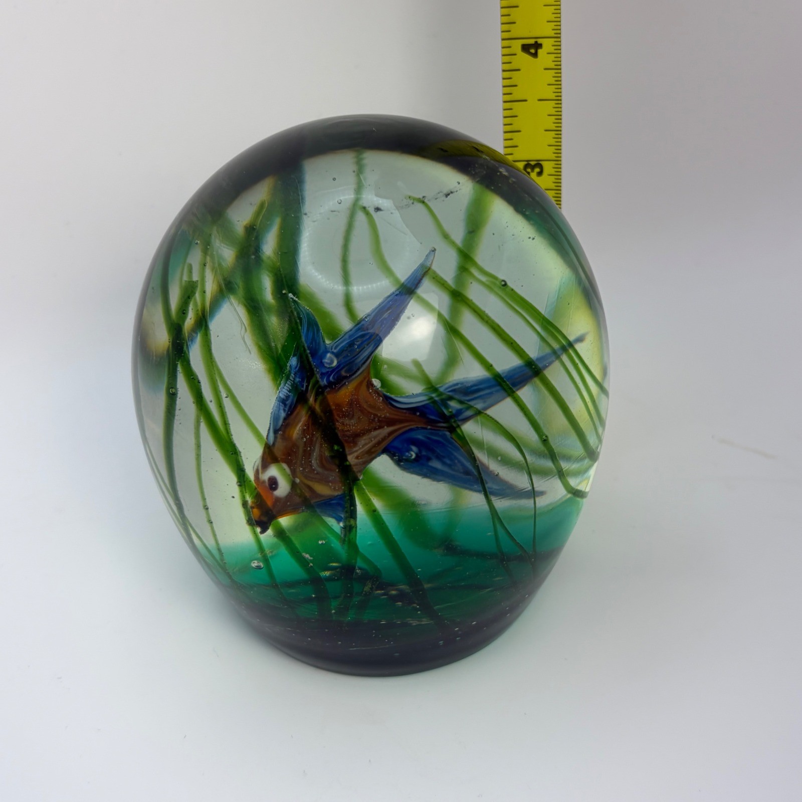 Vintage Art Glass Paperweight Green Blue Bubble Murano Style Heavy Glass Orb