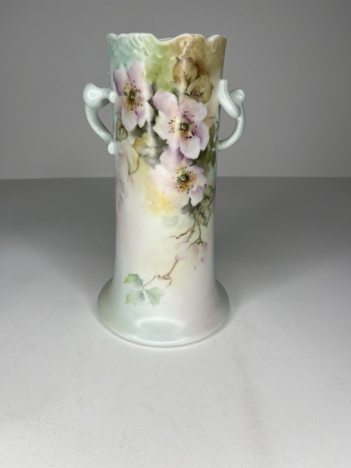 Vintage Hand Painted Vase Wild Rose Floral Stamped French Country Granny Core 9″