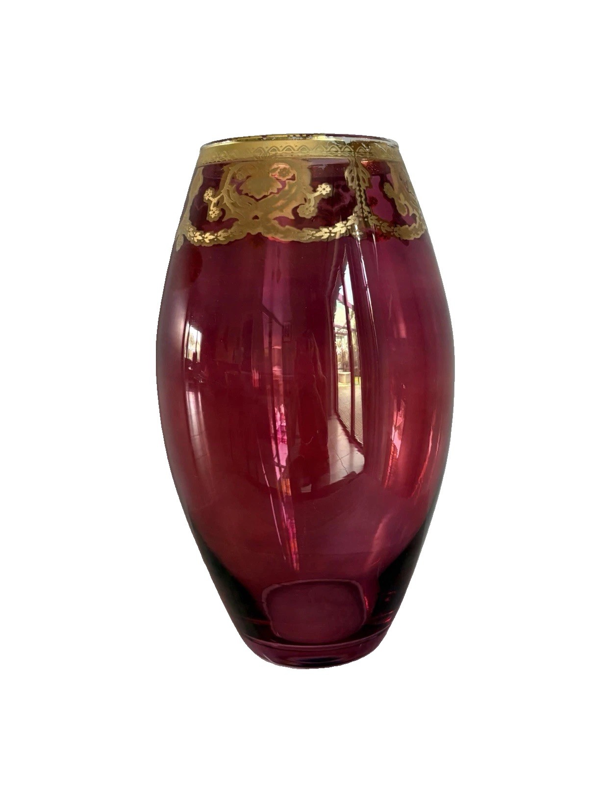 Vintage Vecchia Murano Ruby Red 11 Vase with Gold Leaf Edge Hand Blown