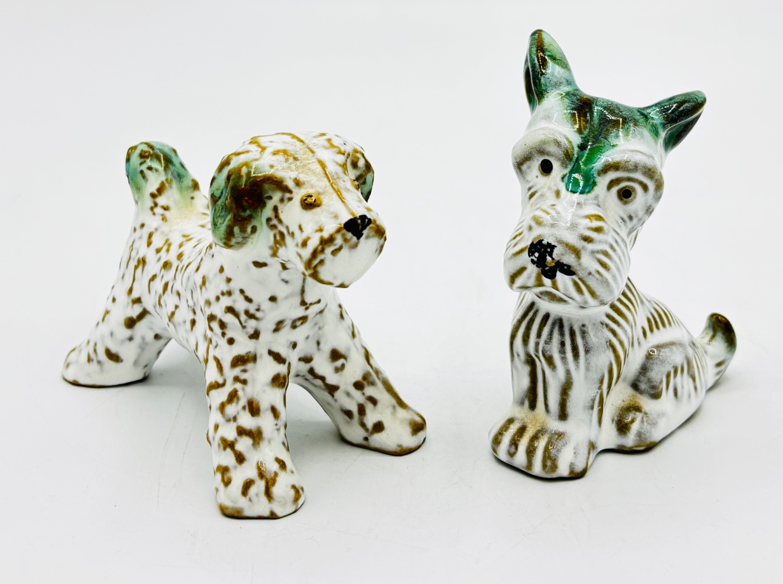 Vintage Terrier and Spotted Dog Art Pottery Figurines Set of 2 MCM Japan