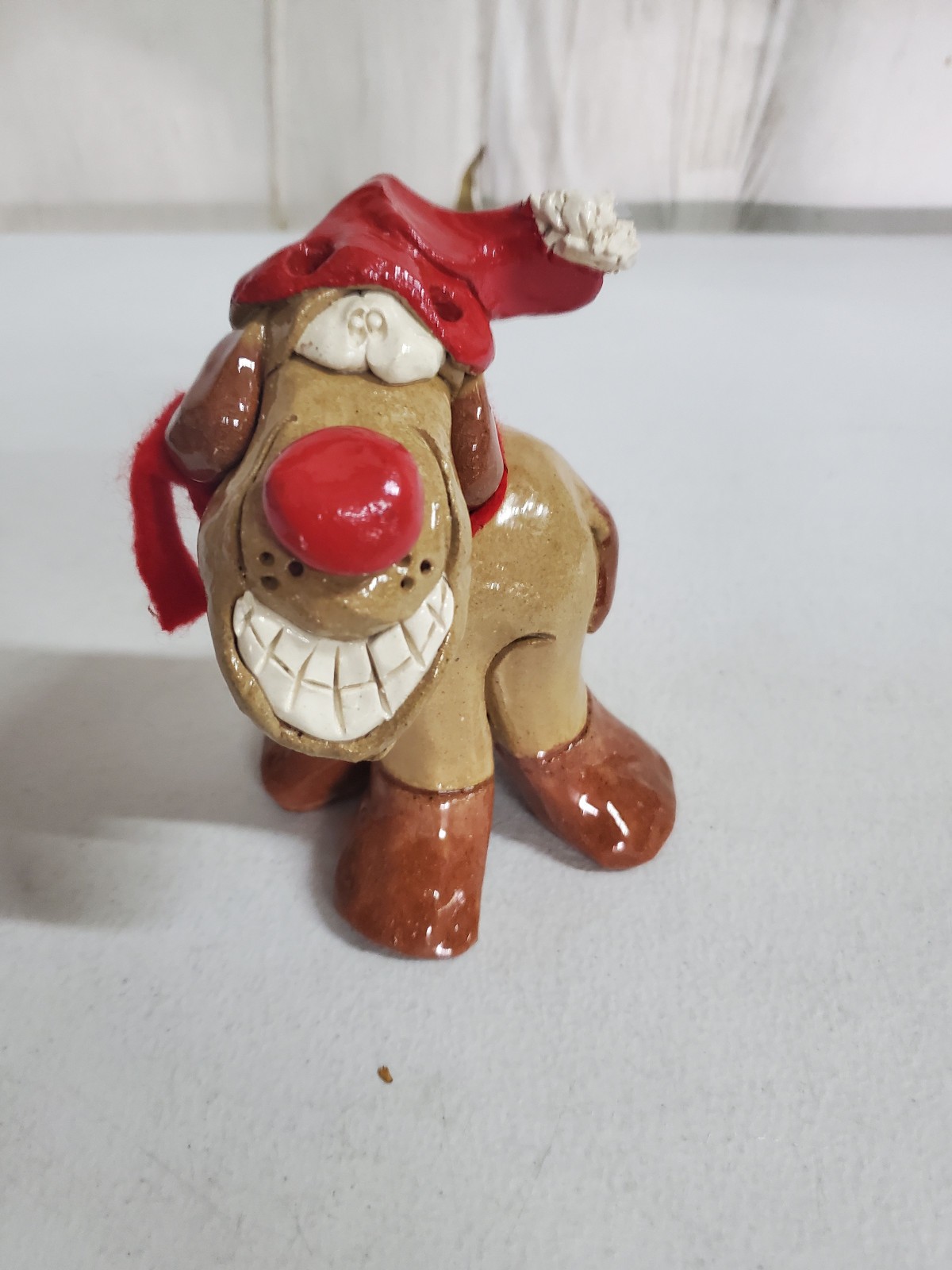 Vintage Signed Hicks Pottery Christmas Reindeer Dog Humorous Figurine Pottery 7″
