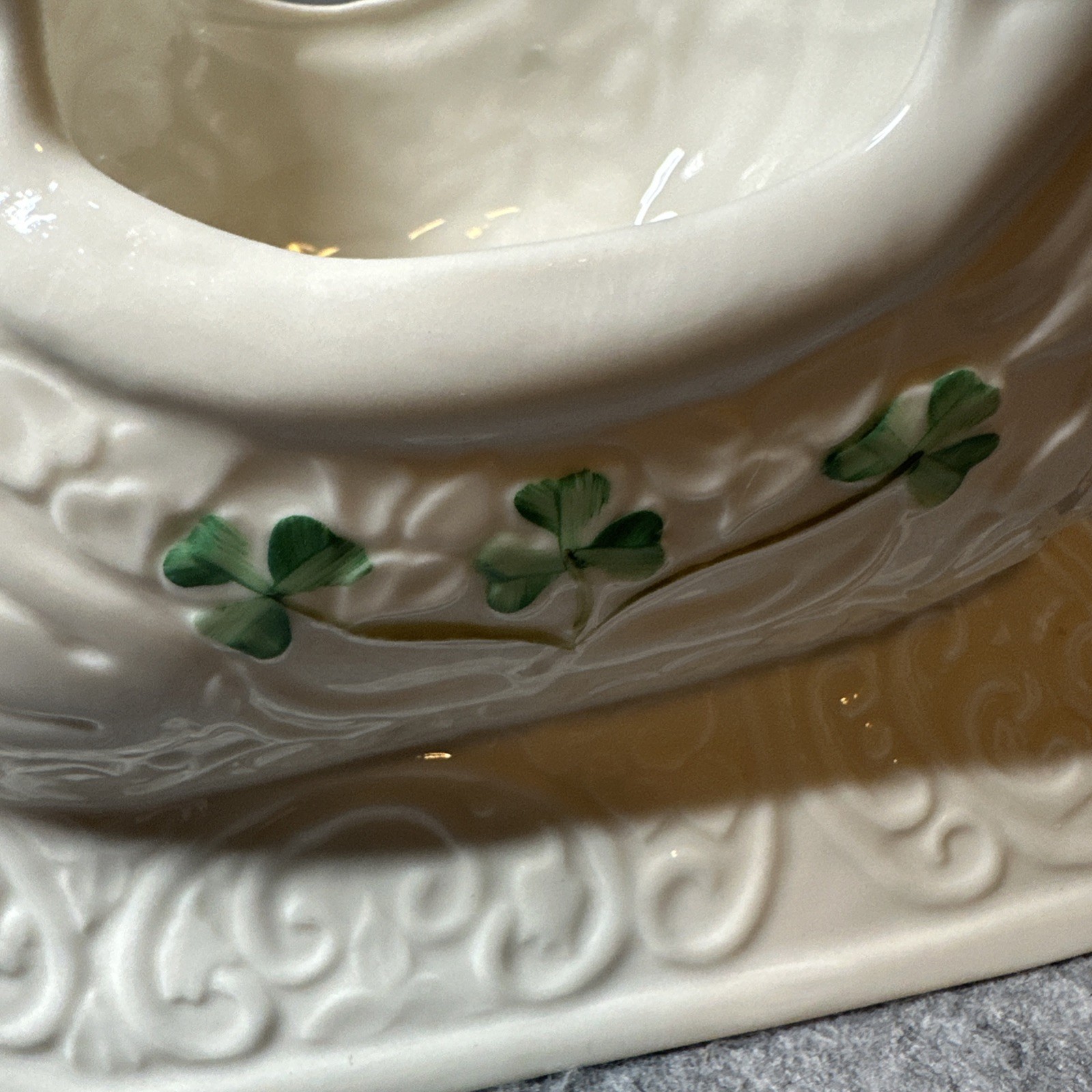 Vintage Belleek Irish Porcelain Sleigh Centerpiece Planter Christmas Shamrocks