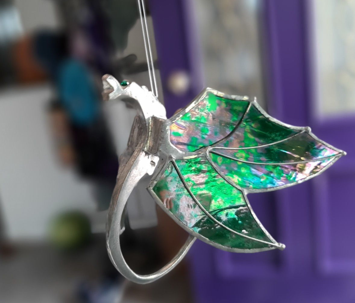 Vintage Pewter & Stained Glass Dragon Suncatcher 5.5″
