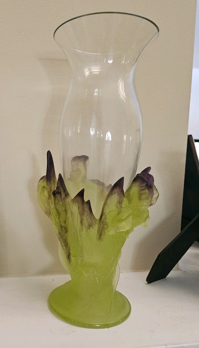 Daum Crystal Iris Vase Pate de Verre Purple & Green, France, Excellent Condition