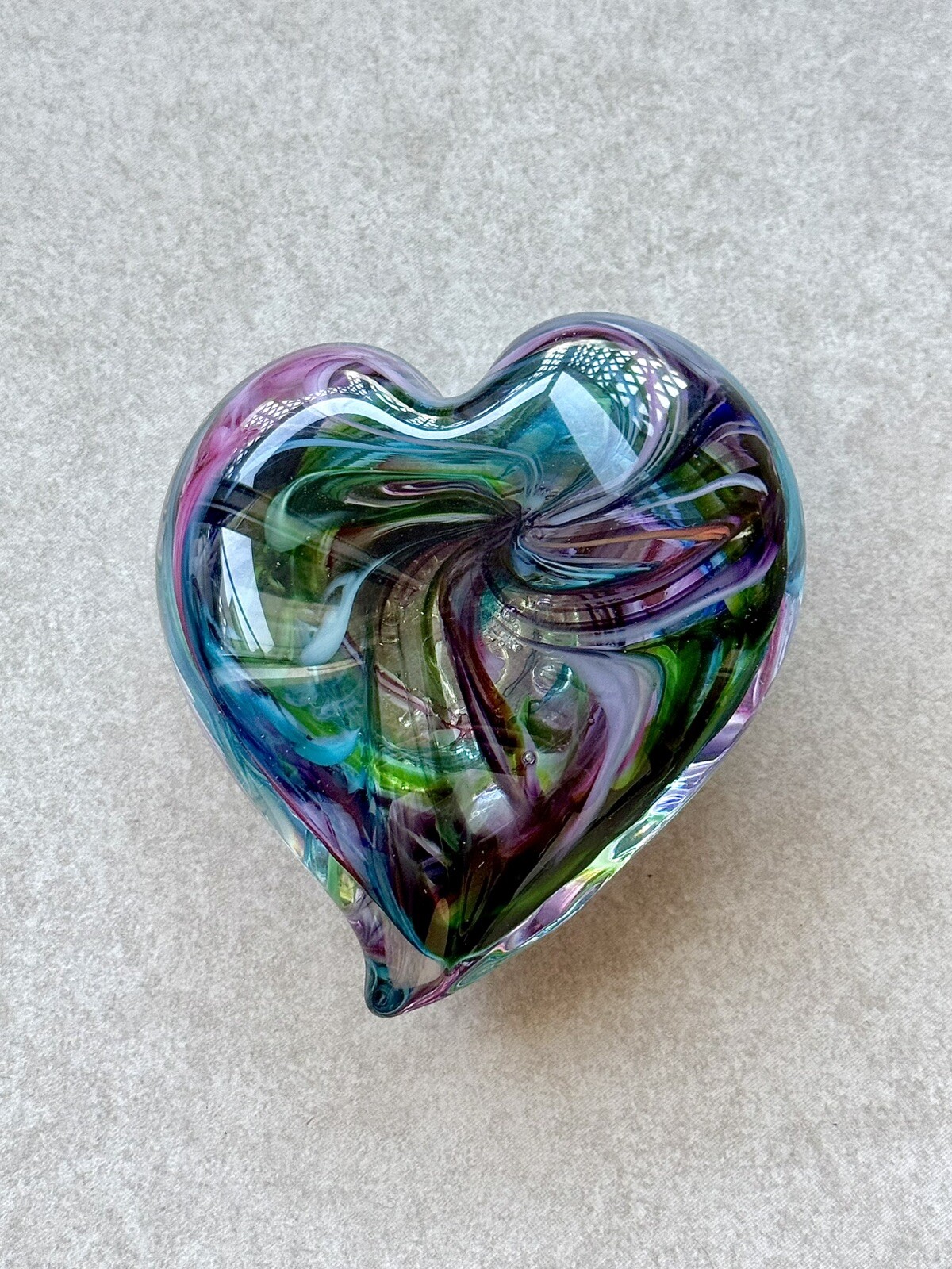 Heart-Shaped Glass Multi-Colored Swirl Design