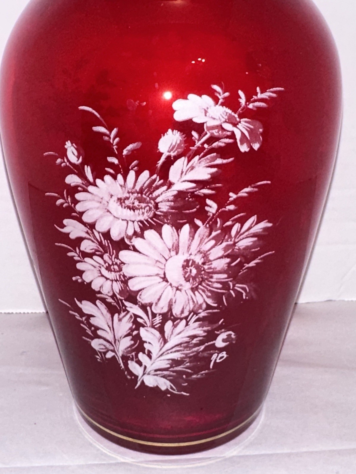 VTG Norleans Lipstick Red Gold Rim White Flowers Painted Vase Signed AB