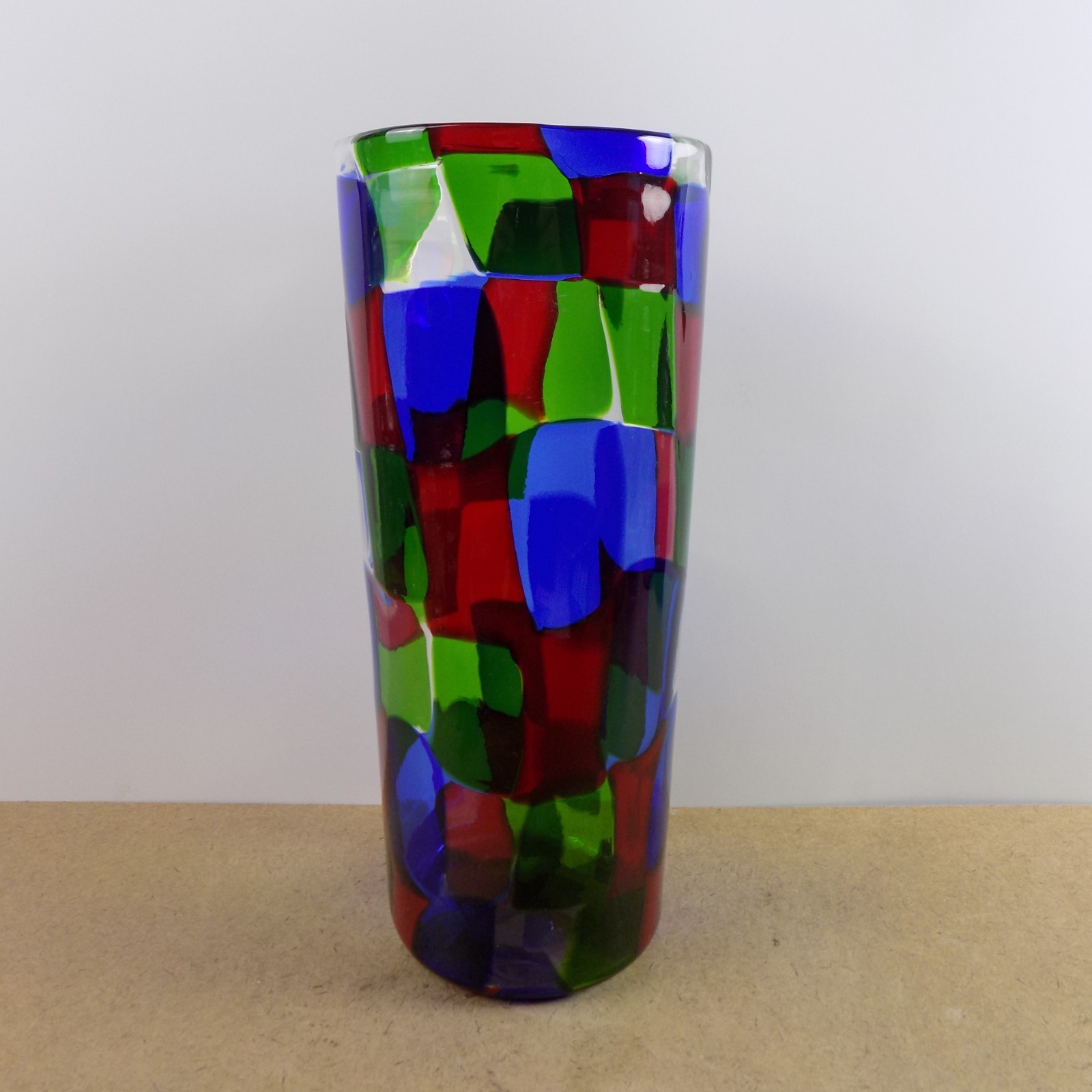 Vintage Murano Glass Pezzato Vase 11.75″x4.75″ VGC Red Blue Green & Clear Patch