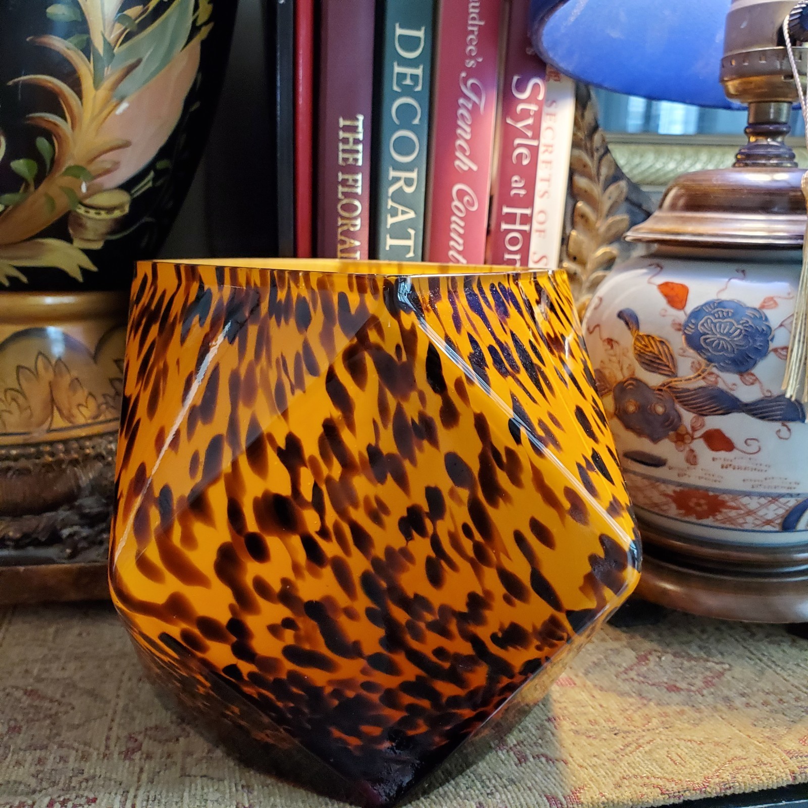Vintage Leopard Speckled Polyhedral Glass Vase Mouthblown Handmade FLAW 5″x5″