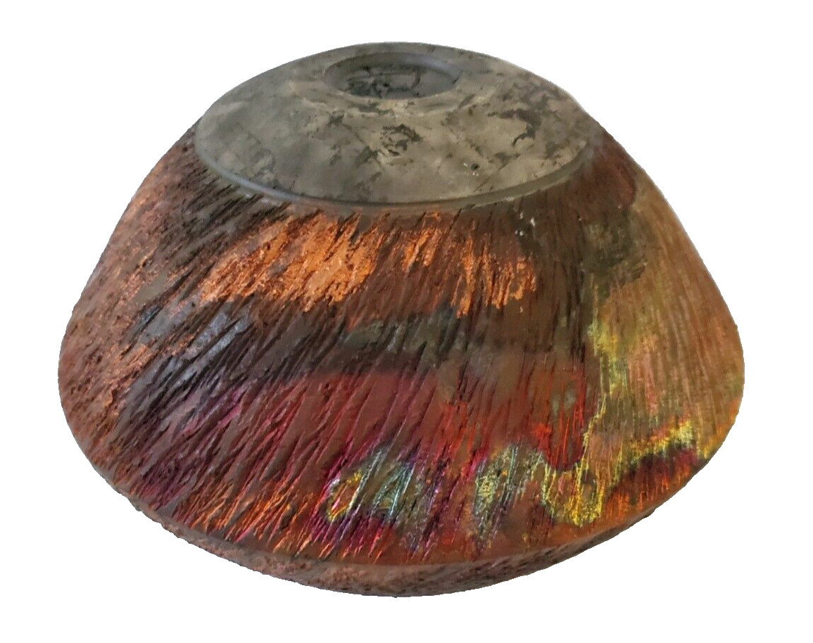 1994 Signed RAKU Copper Flash/Incised/Ivory Top Pottery Vase 6″ Tall x 7.5″ D