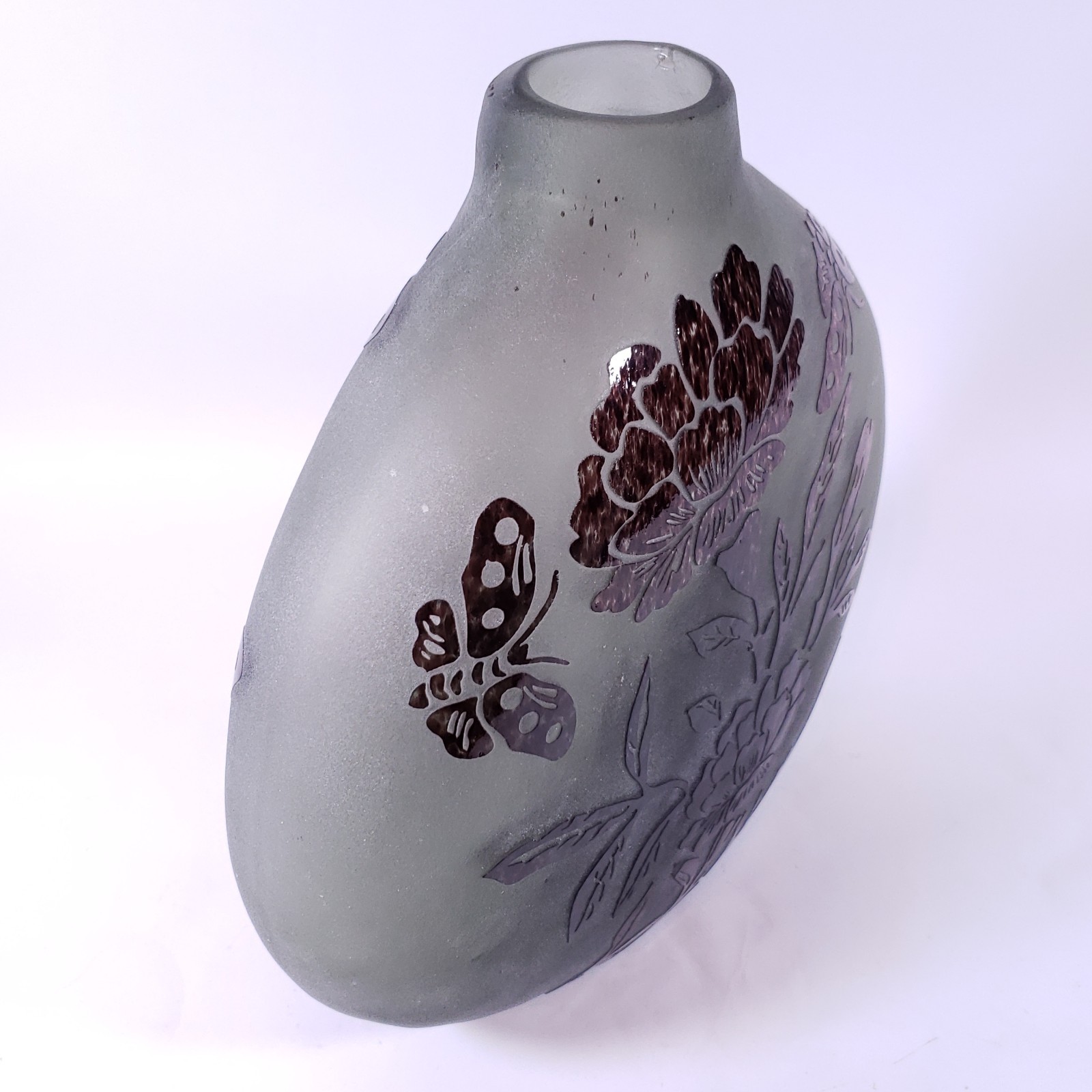 CAMEO Acid Etched Amethyst Purple Floral Butterfly Frosted GLASS VASE