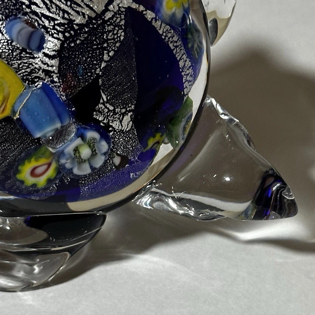Murano Glass Sea Turtle Clear and Blue With Millefiori Canes Decor Art Piece