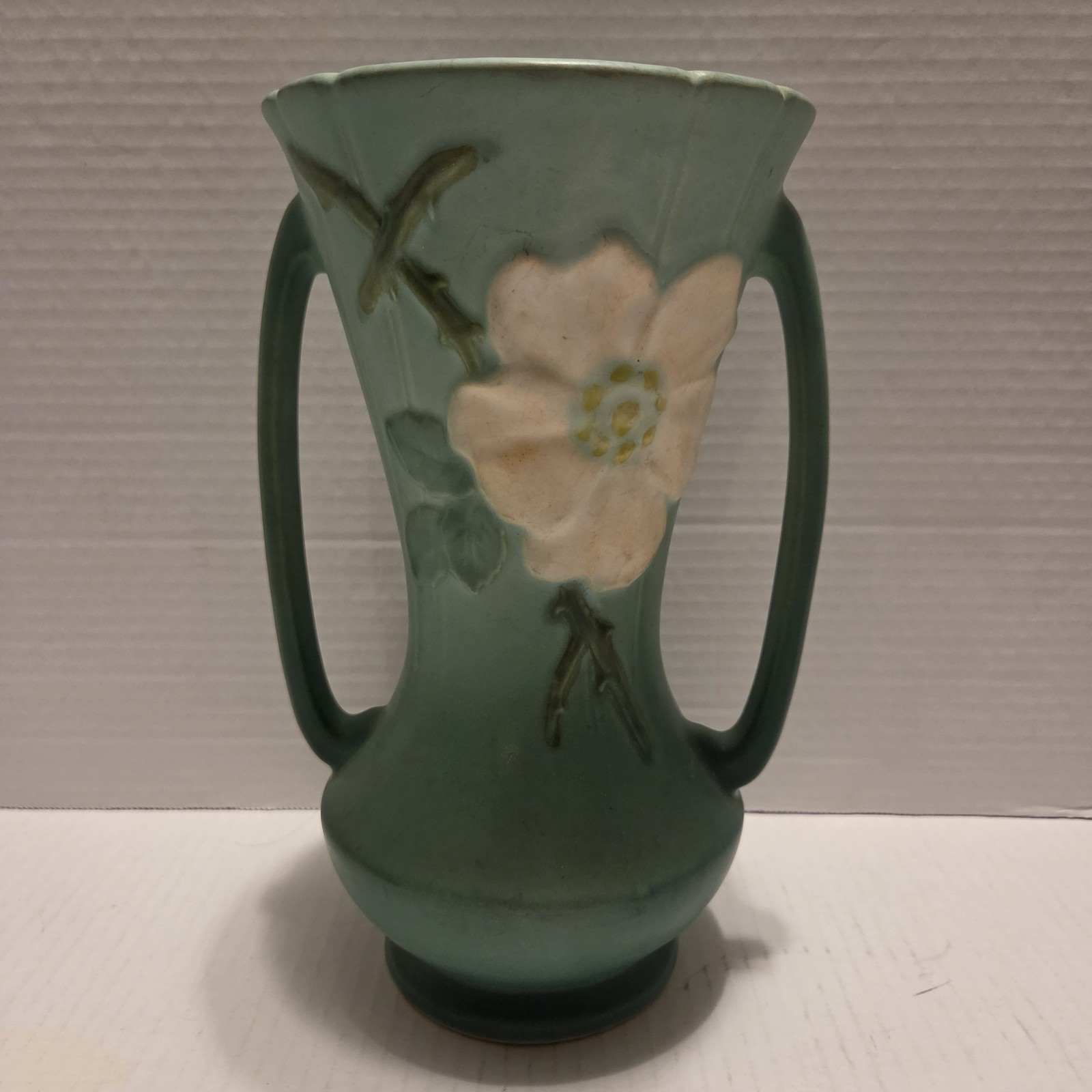 Vintage Weller Art 1930s Green Floral Vase Art Pottery 9.5″ Hand Painted EUC