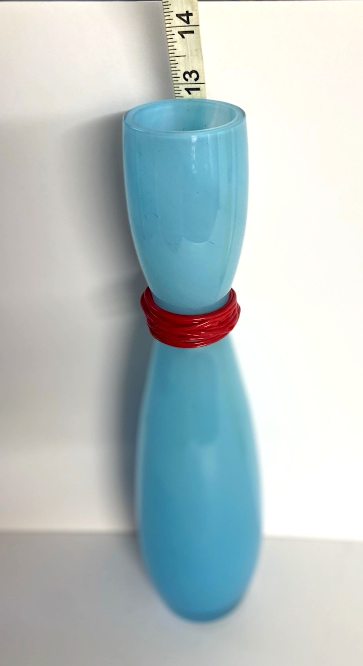Rony Plesl Czech Art Glass Turquoise & Red Vase Hand Blown Signed 13″