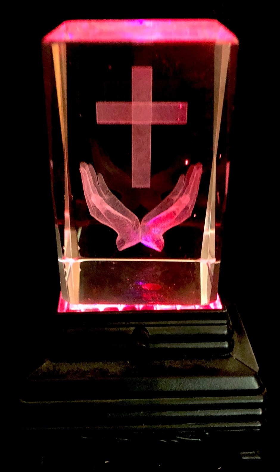 3D Laser Etched Religious Crystal Paperweight Cross And Hands Lighting Color