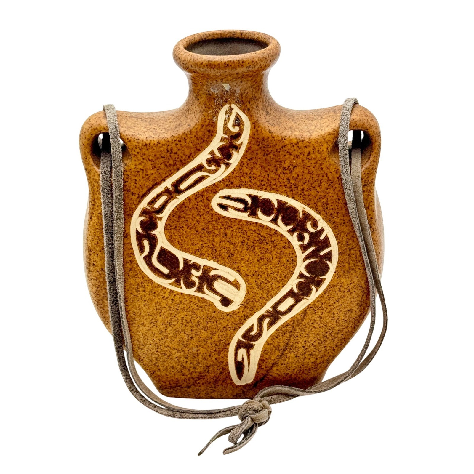 Snake Canteen Vase Mira Ceramic Pottery Brown Speckled Sgraffito Suede Cord 7″
