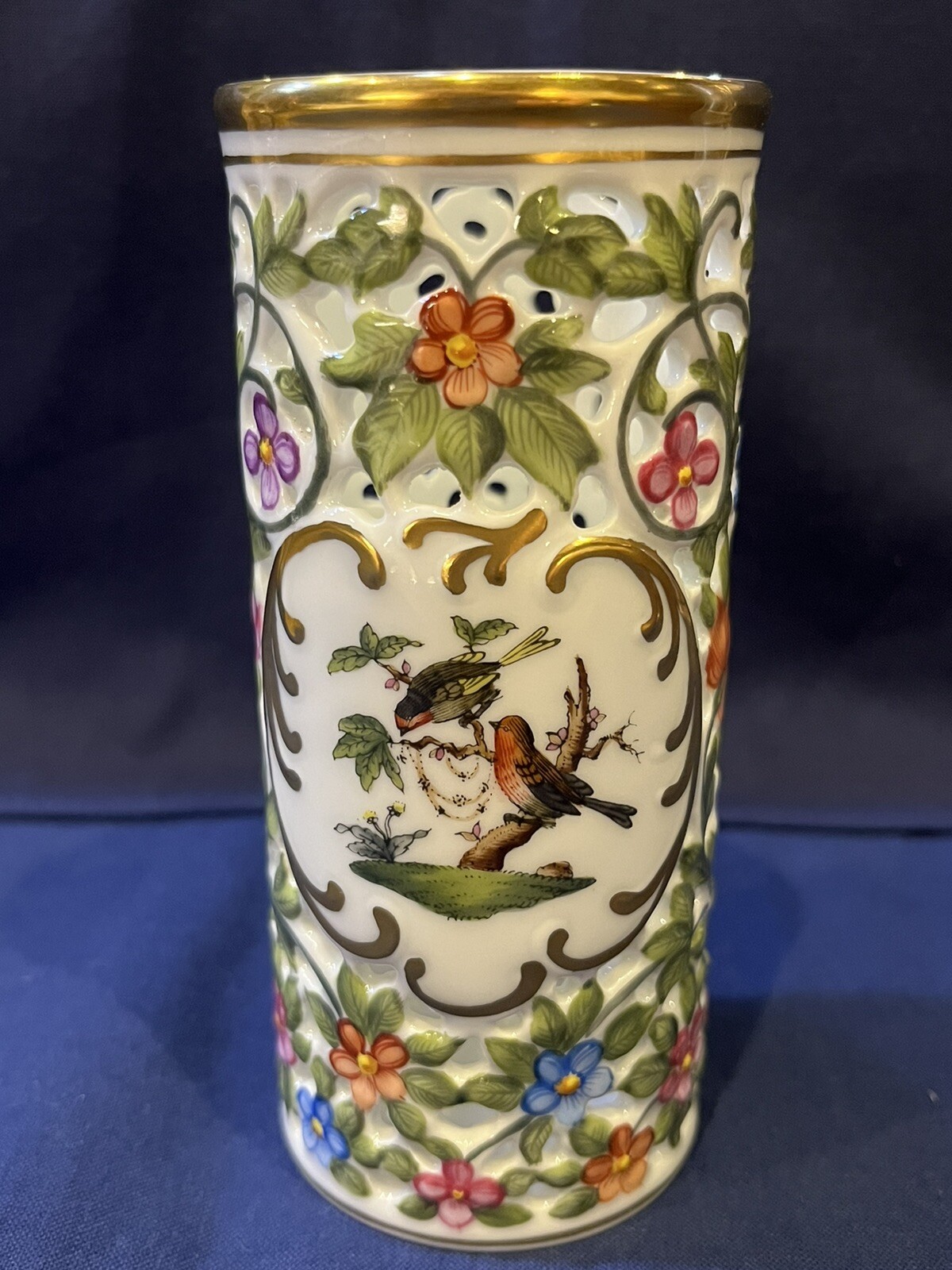 Herend Reticulated / Openwork Pierced Vase – Rothschild Bird Motif #10