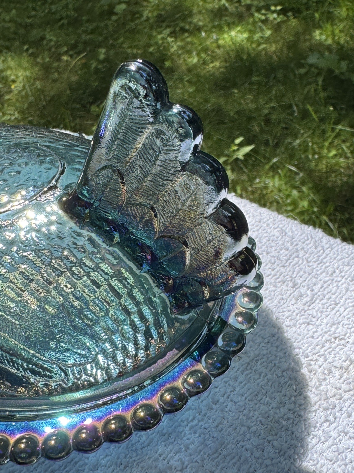 Indiana Glass Iridescent Blue Carnival Hen On a Nest Candy Dish 7″ Vintage