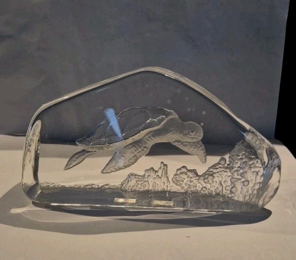 Clear Glass Crystal Turtle Paperweight Art Glass Carved Iceberg 7 1/4″L x 4″T