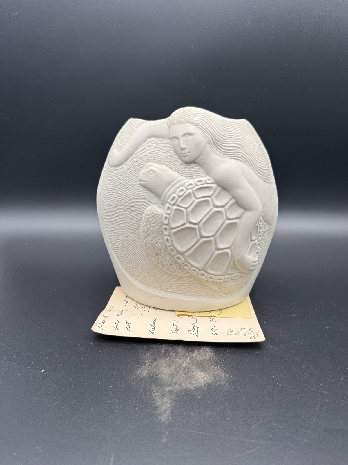 Vintage 1983 Dayle Rushall Studio Pottery Vase Mermaid Turtle Signed Receipt 8″