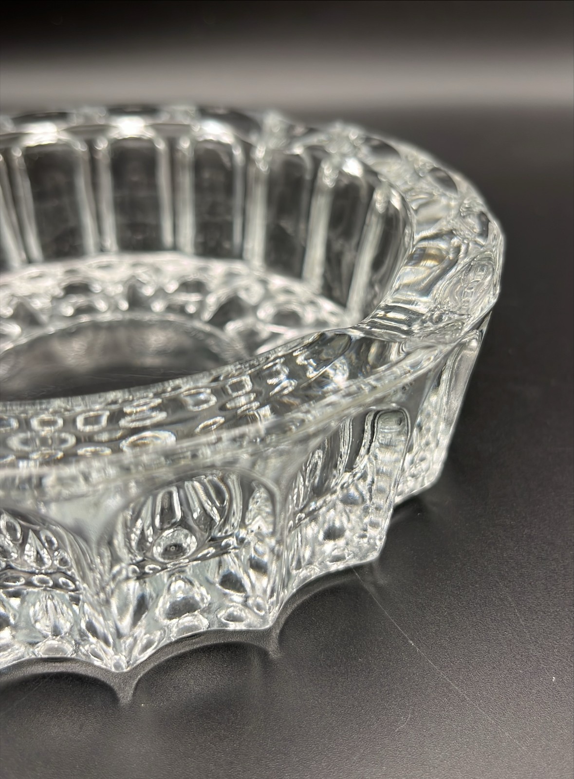 Vintage KIG Indonesia Heavy Clear Crystal Glass Thumbprint Ashtray Sparkling EUC