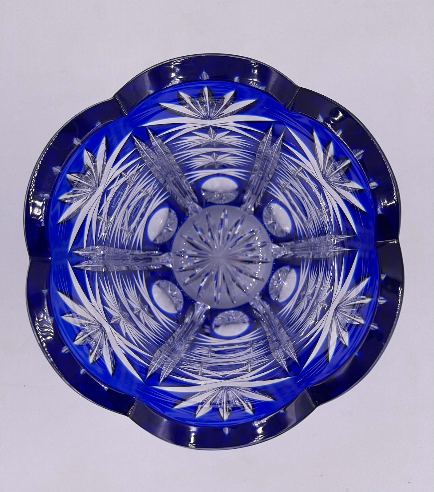 Bohemian Cobalt Cut to Clear Glass Vase Czech Blue Crystal Star Pattern 9”