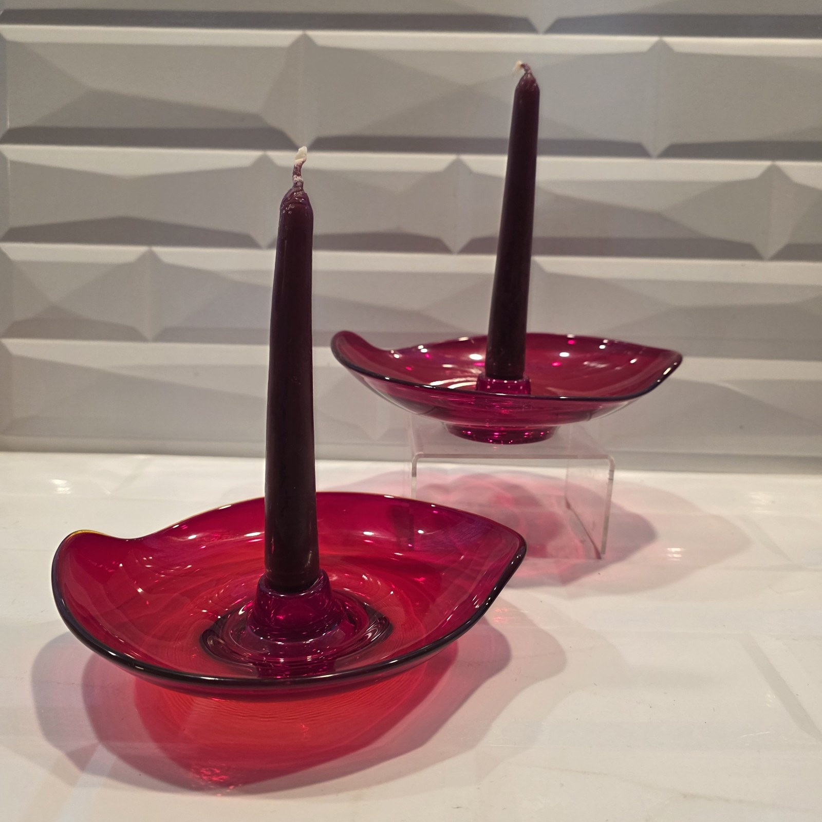 Set Of Two MCM Viking Red Epic Candle Stick/Holders Retro 1970’s
