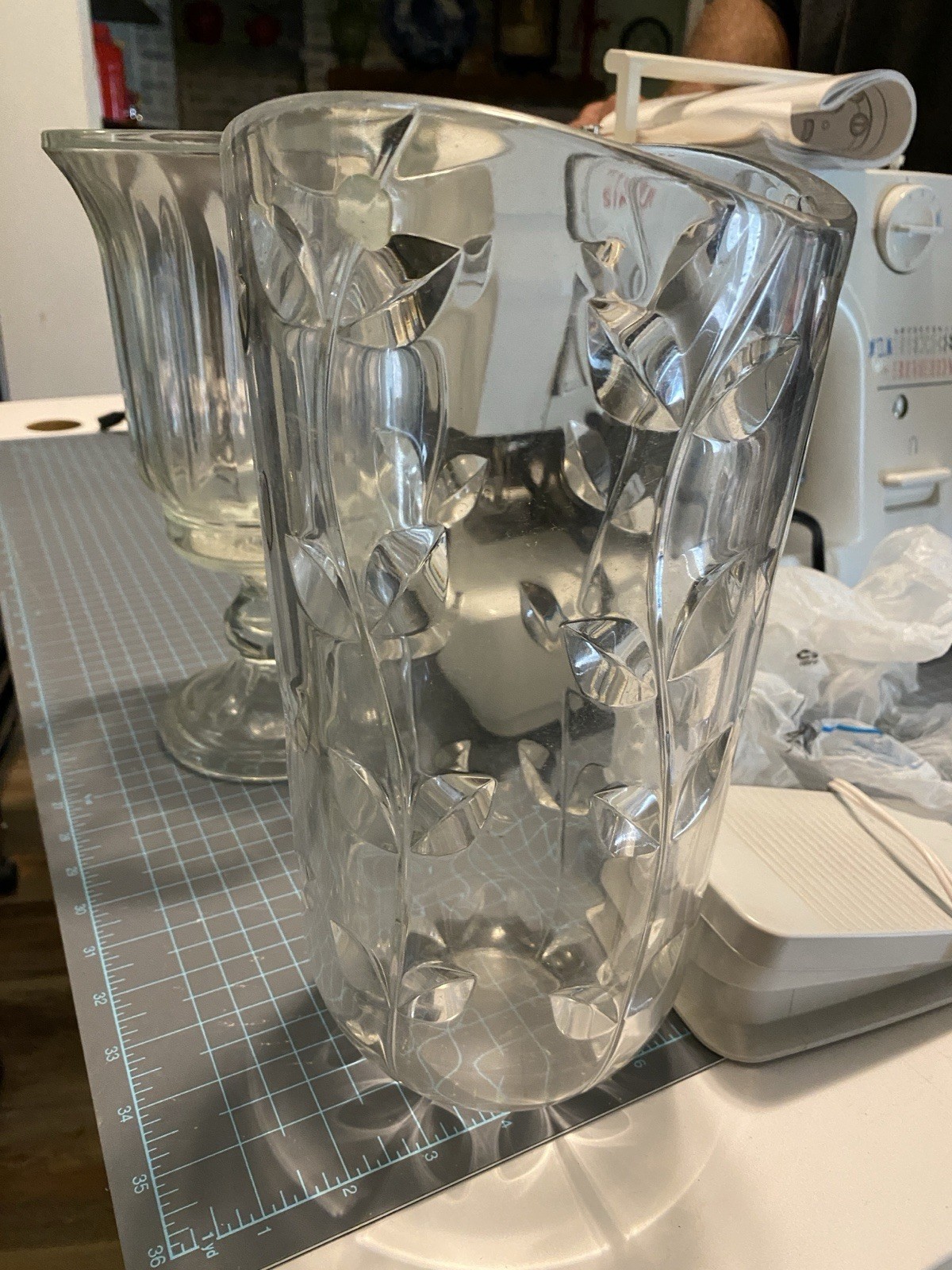 Clear Textured Floral Pattern Glass Vase Cut Glass Geometric Style