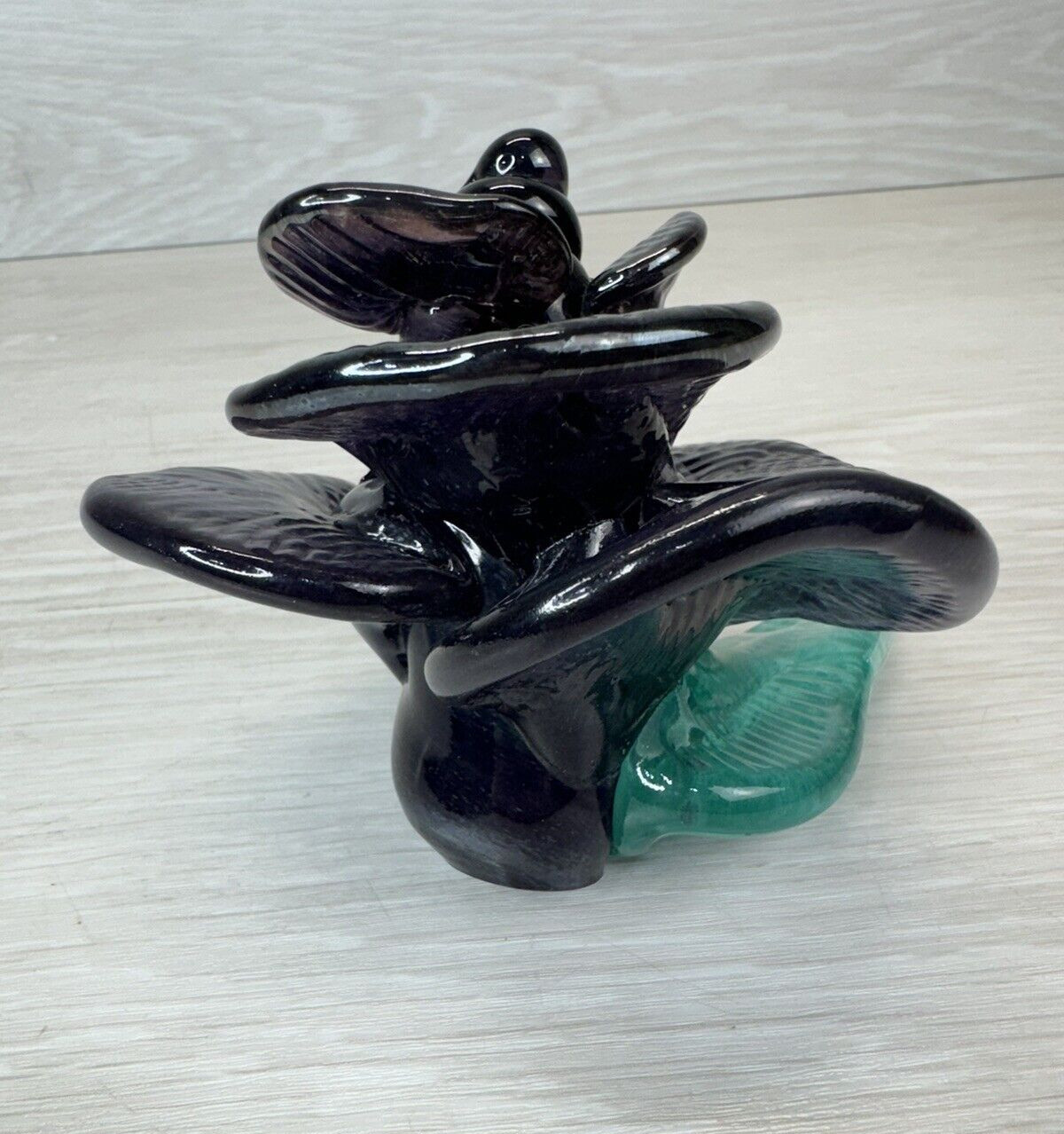Art Glass Flower Dark Purple Rose Figurine with Green Leaves 4″ Signed Vintage