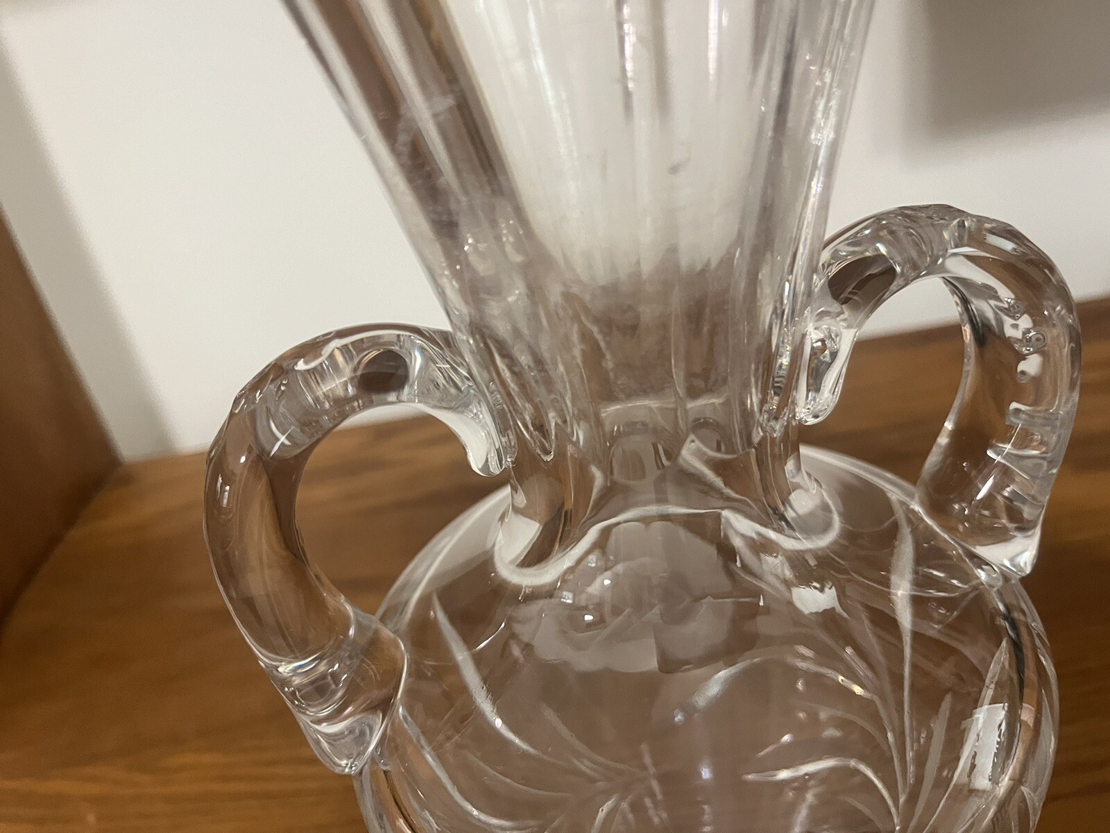ANTIQUE GORHAM 11 3/4” TALL ETCHED CUT LEAD CRYSTAL TWO HANDLE VASE – 4lb 11 oz.