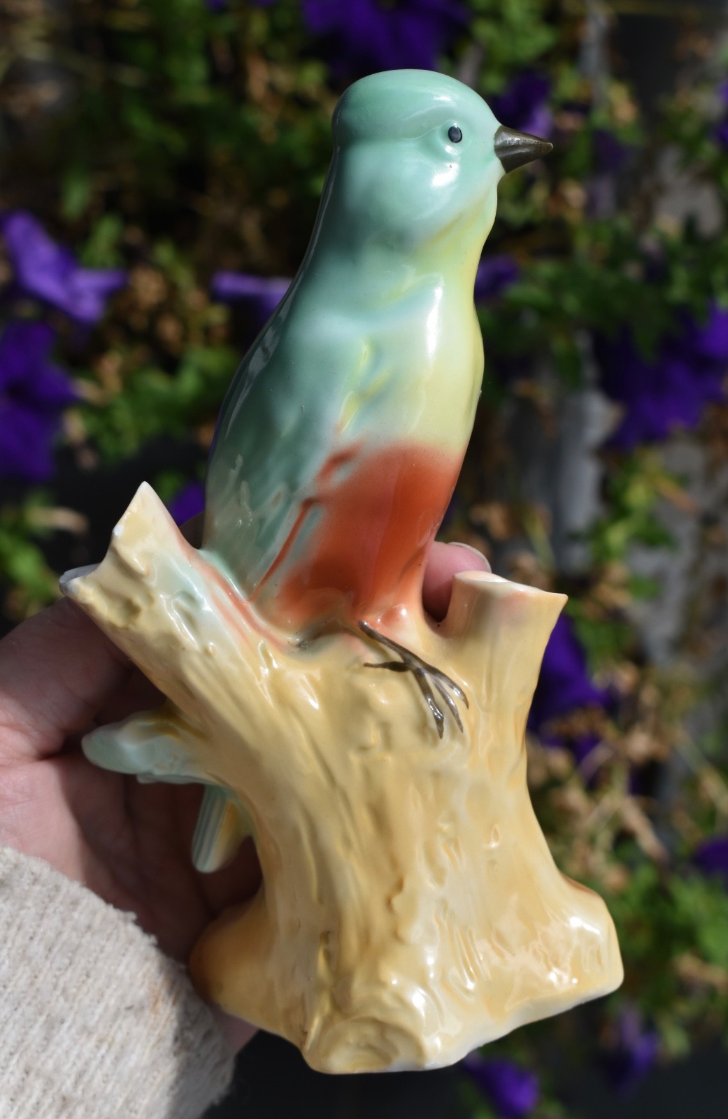 Vintage Hand Painted Bird on a Branch Spill Vase 3 Holes (16.8cm)