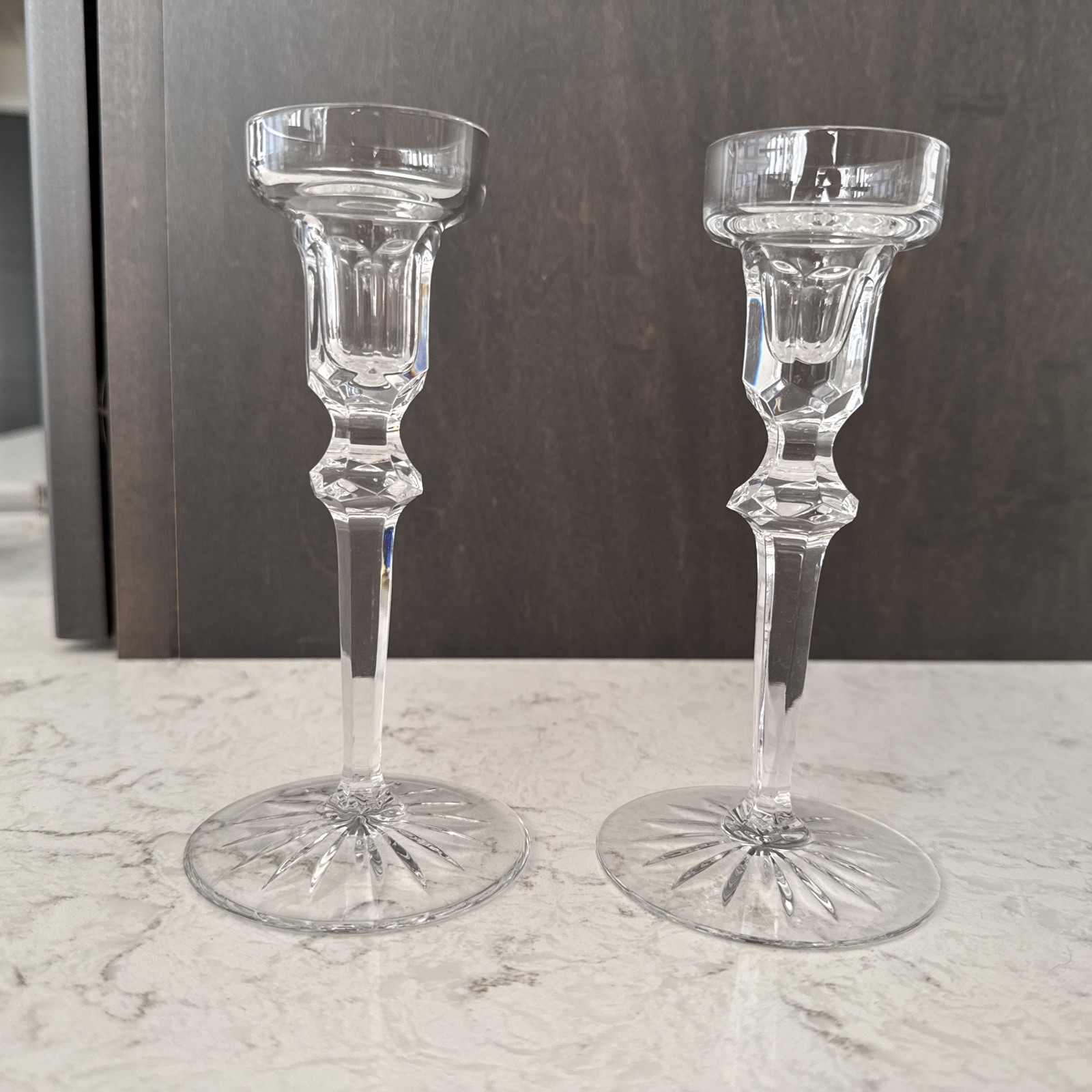 ROGASKA Richmond Crystal Candlesticks-6 inch PAIR-Notched Multisided stem-Signed