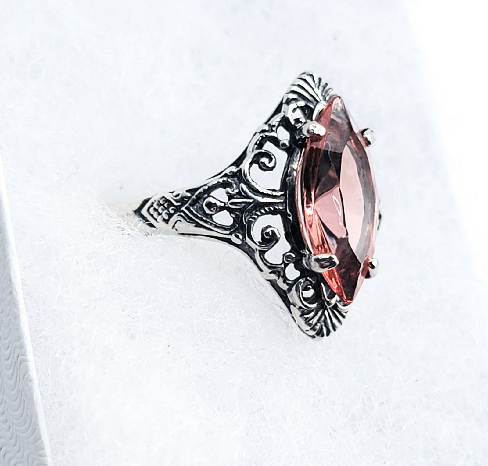 Sterling Pink Uranium Glass Ring Marquise Cut Filigree Oxidized 925 Silver