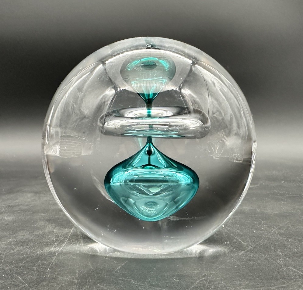 Artcristal Bohemia Round Sphere Teal Clear Paperweight Figurine Art Glass
