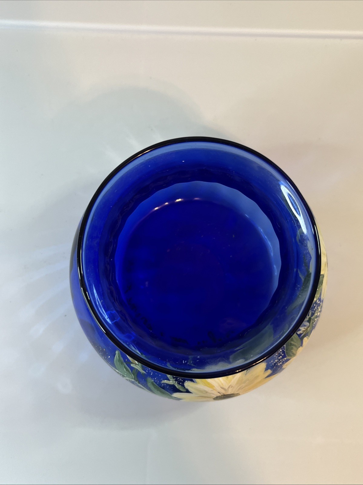 Vintage Indiana Glass Cobalt Blue Wide Mouth Bouquet Vase Illusions Hand Painted