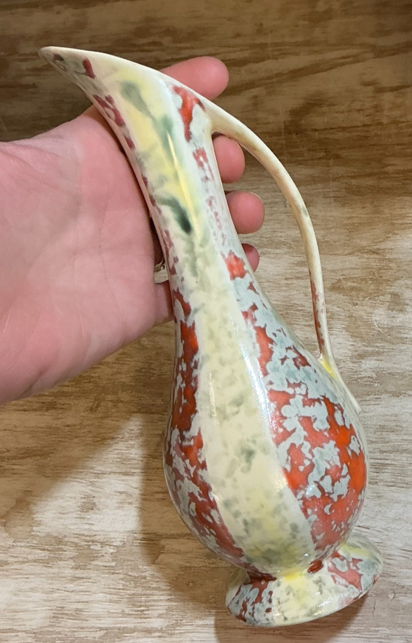Vintage 1970s Holland Mold Pitcher Vase White Orange Green Boho MCM