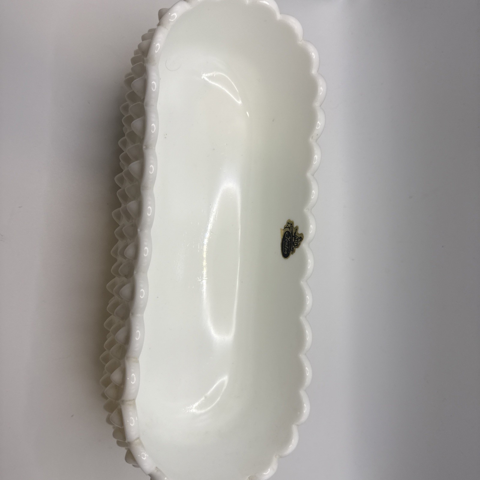 Fenton Oval White Milk Glass Hobnail Planter Dish Scalloped Edge